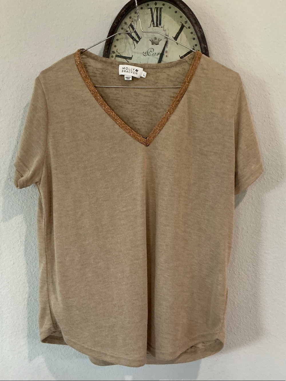 Molly Bracken Tan V-Neck Short Sleeve Top with Metallic Trim